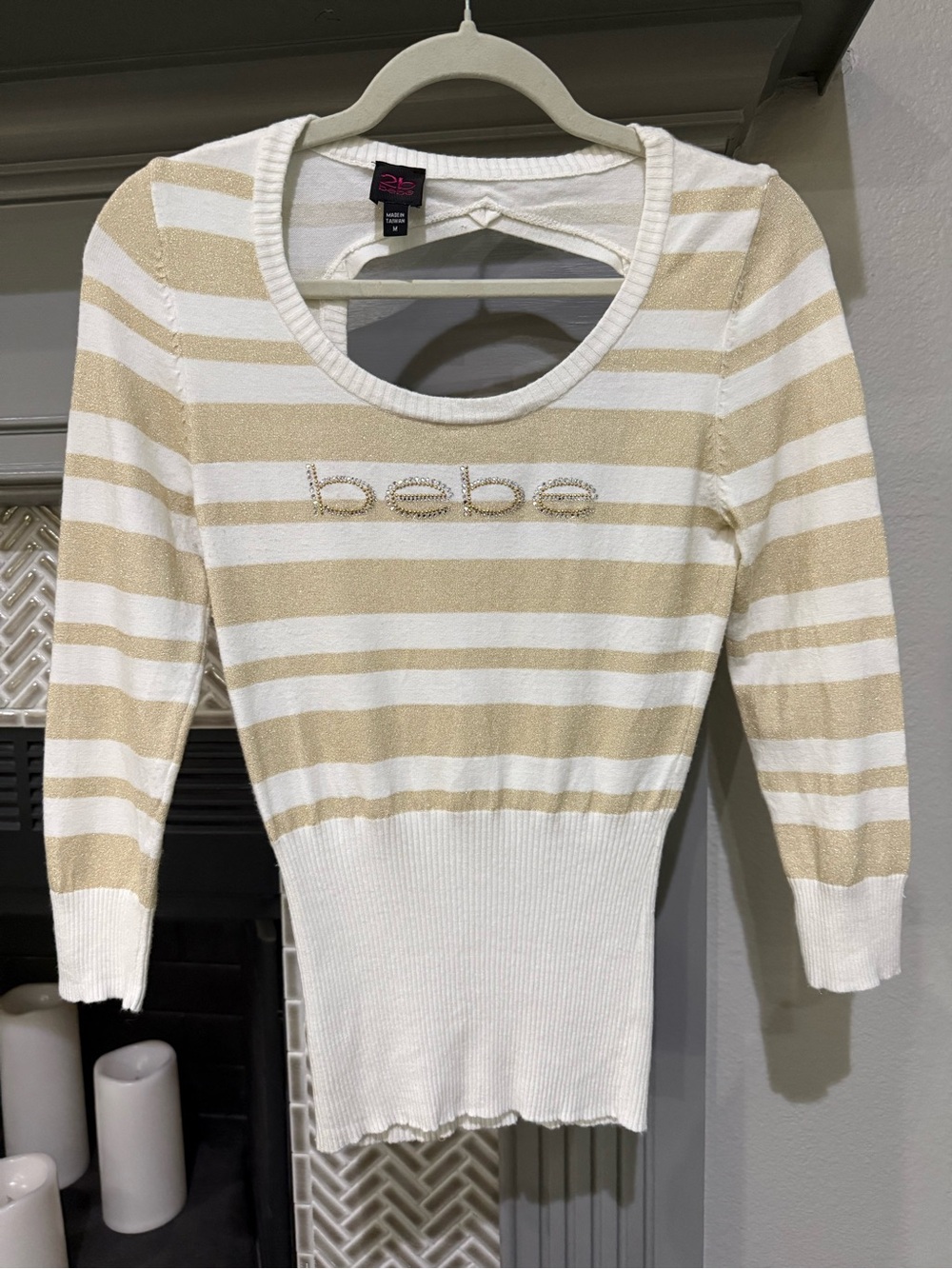 bebe White & Gold Striped Scoop Neck Knit Top